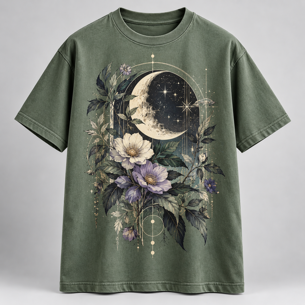Night Garden T-Shirt – Sage Green Celestial Botanical Graphic Tee