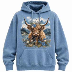 Highland Bloom Hoodie – Dusty Blue Highland Cow Graphic Hoodie