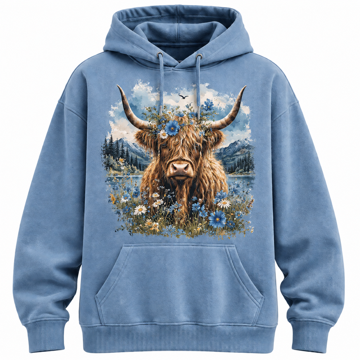 Highland Bloom Hoodie – Dusty Blue Highland Cow Graphic Hoodie