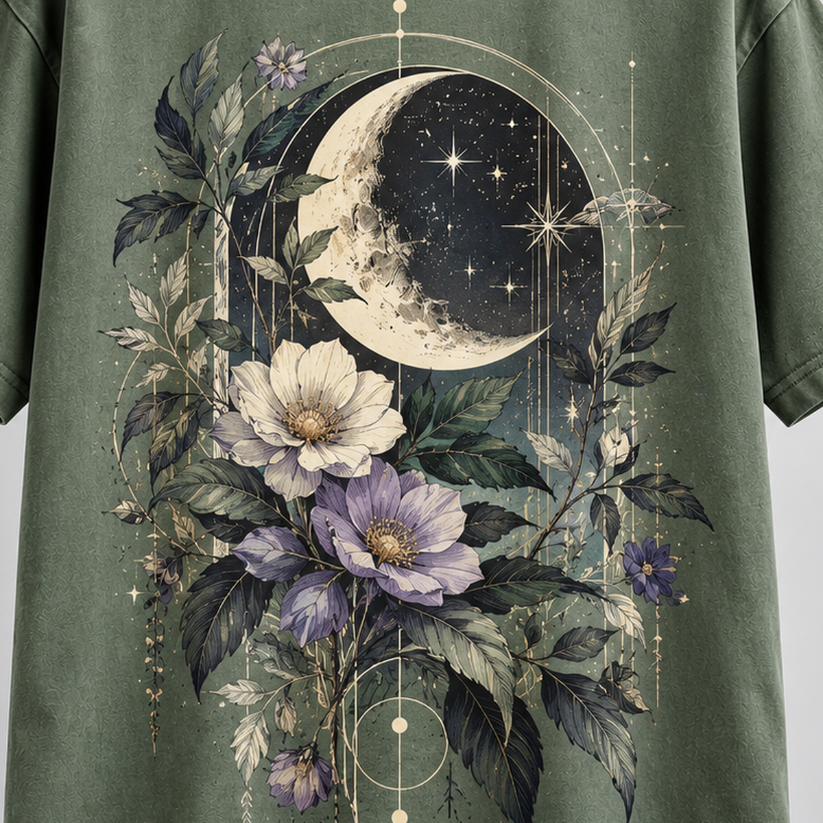 Night Garden T-Shirt – Sage Green Celestial Botanical Graphic Tee - Image 2